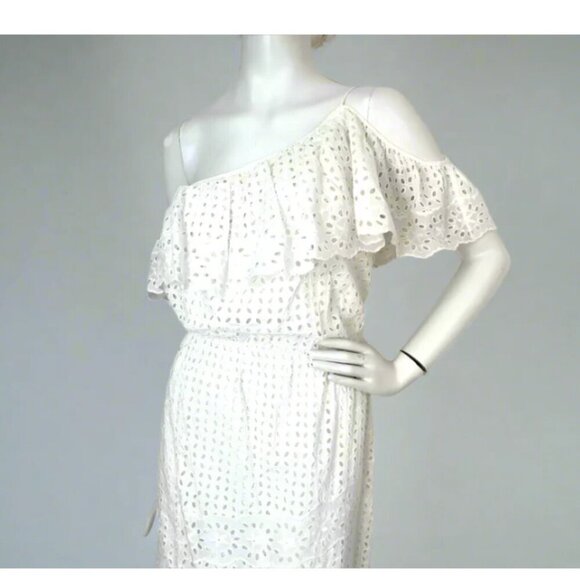 Joie One Shoulder Cotton Eyelet Dress Small White Midi Sleeveless Ruffled Corynn - Picture 5 of 8